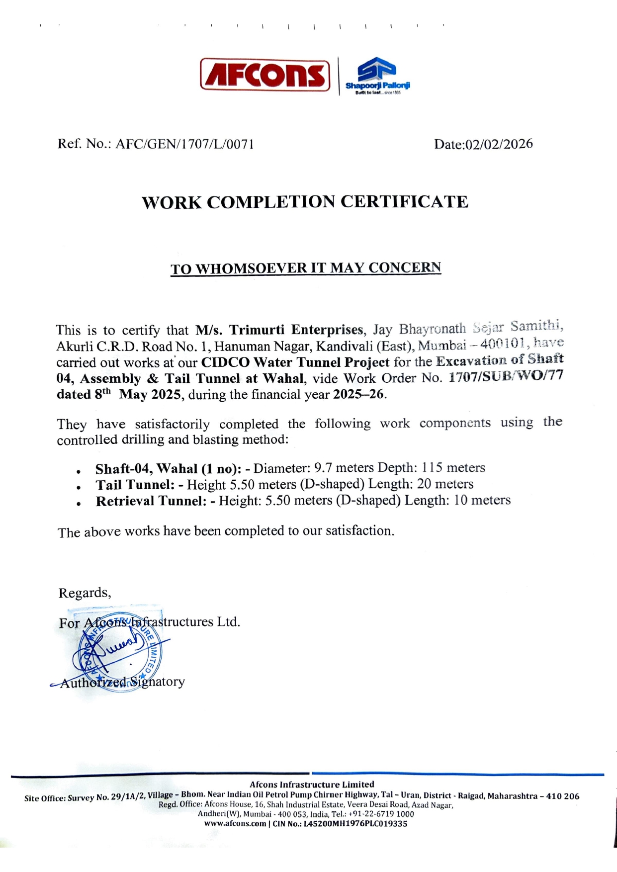 Afcons Completion Certificate